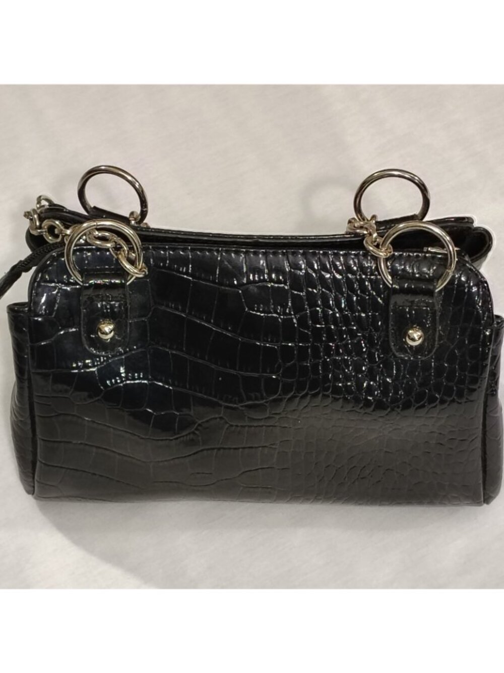 Liz Claiborne Handbag Purse Black 9"x6" Faux Croc Leather Shiny Pockets Chain - Picture 15 of 16